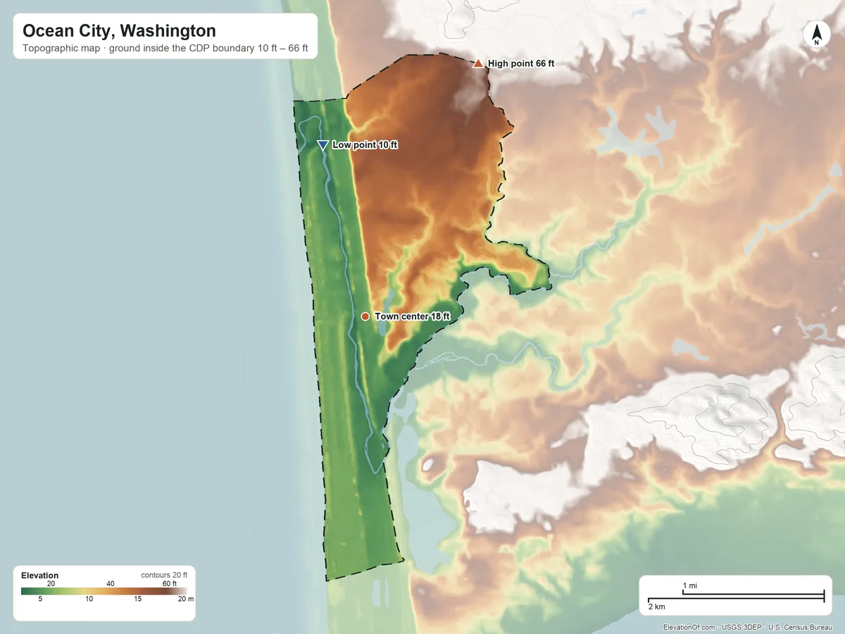 Topographic elevation map of Ocean City, Washington, shaded from 10 ft on the north side to 66 ft on the northeast side