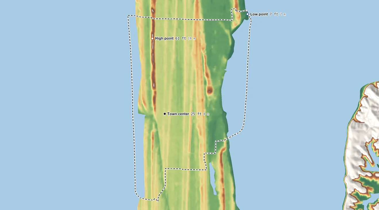 Topographic elevation map of Ocean Park, Washington, shaded from 7 ft on the northeast side to 61 ft on the north side