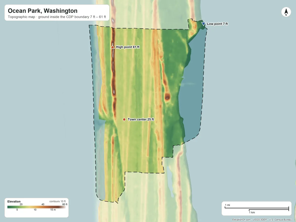 Topographic elevation map of Ocean Park, Washington, shaded from 7 ft on the northeast side to 61 ft on the north side