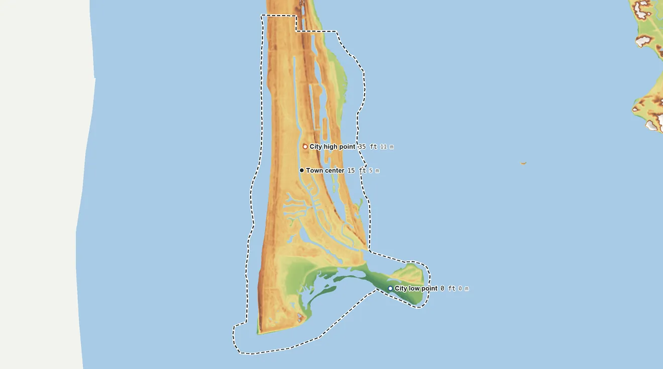 Topographic elevation map of Ocean Shores, Washington, shaded from sea level level on North Bay to 35 ft near the middle