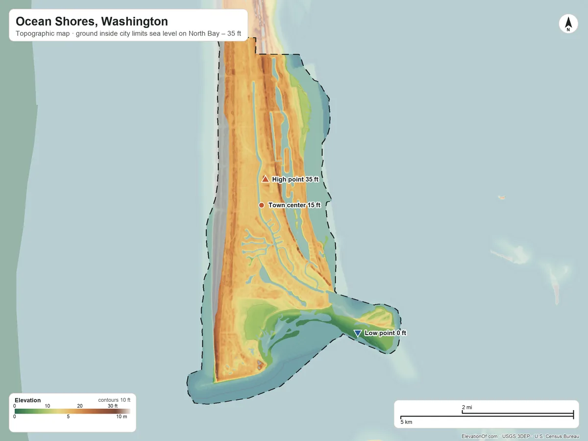 Topographic elevation map of Ocean Shores, Washington, shaded from sea level level on North Bay to 35 ft near the middle
