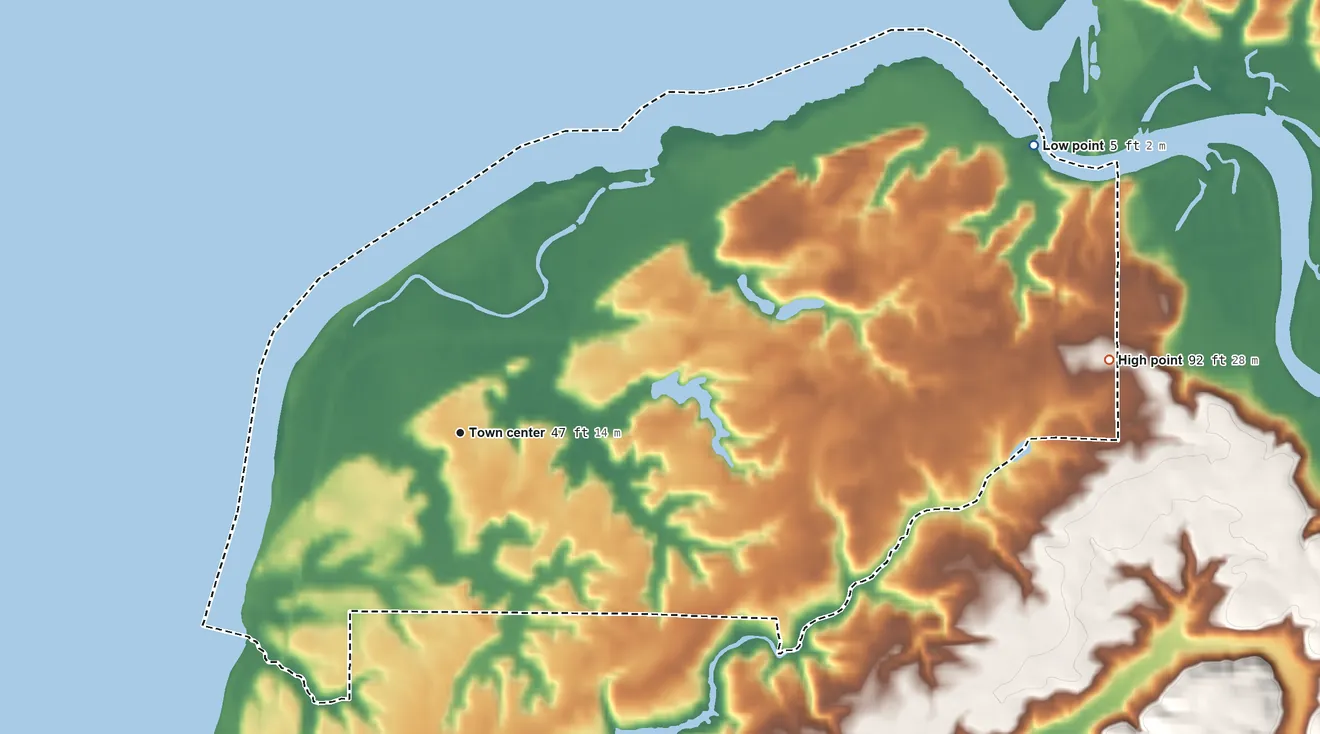 Topographic elevation map of Ocosta, Washington, shaded from 5 ft on the northeast side to 92 ft on the east side