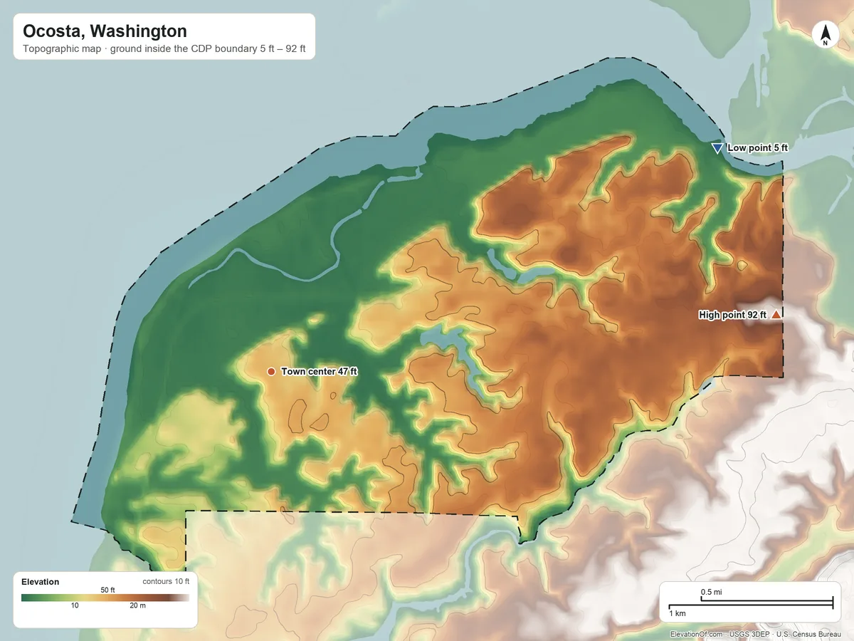 Topographic elevation map of Ocosta, Washington, shaded from 5 ft on the northeast side to 92 ft on the east side