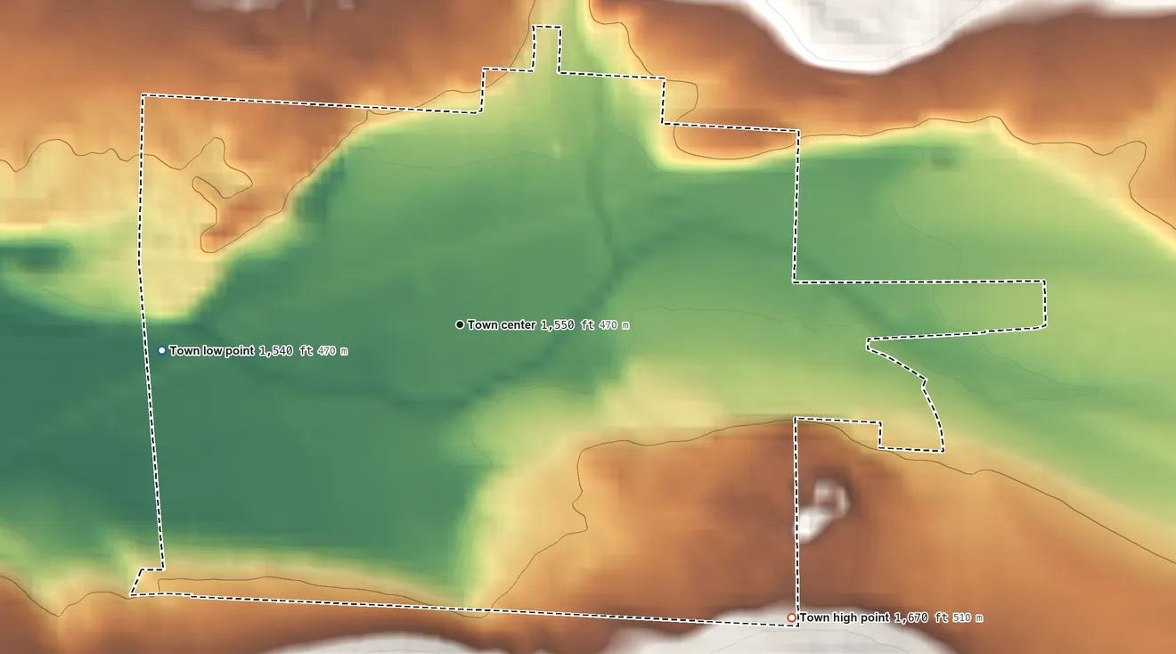 Topographic elevation map of Odessa, Washington, shaded from 1,540 ft on the west side to 1,670 ft on the southeast side