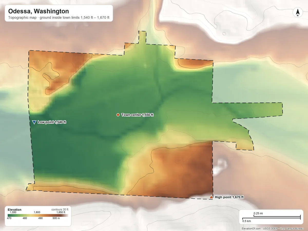 Topographic elevation map of Odessa, Washington, shaded from 1,540 ft on the west side to 1,670 ft on the southeast side