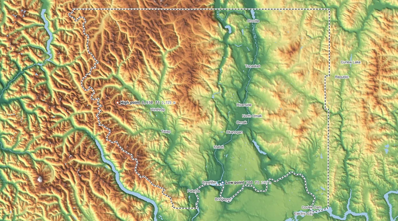Topographic elevation map of Okanogan County, Washington, shaded from 780 ft on the south side to 8,930 ft on North Gardner Mountain