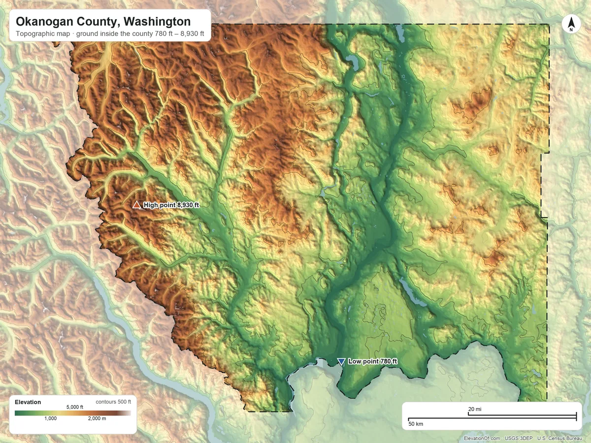 Topographic elevation map of Okanogan County, Washington, shaded from 780 ft on the south side to 8,930 ft on North Gardner Mountain