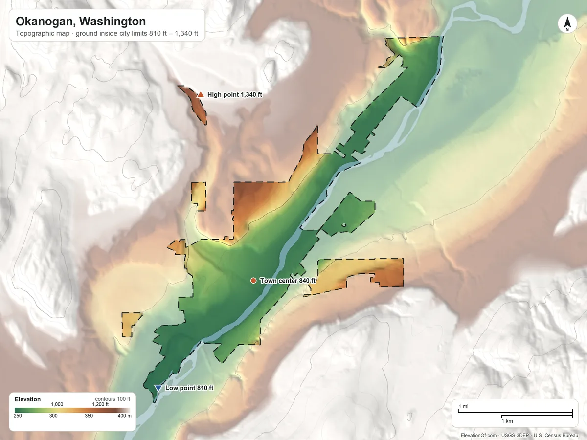 Topographic elevation map of Okanogan, Washington, shaded from 810 ft on the southwest side to 1,340 ft at the foot of the Lime Belt