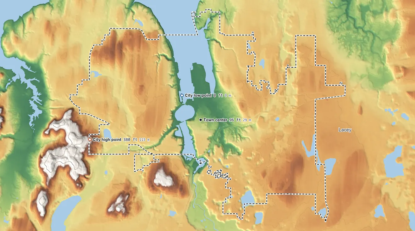 Topographic elevation map of Olympia, Washington, shaded from sea level level on Budd Inlet to 380 ft at the foot of the Black Hills