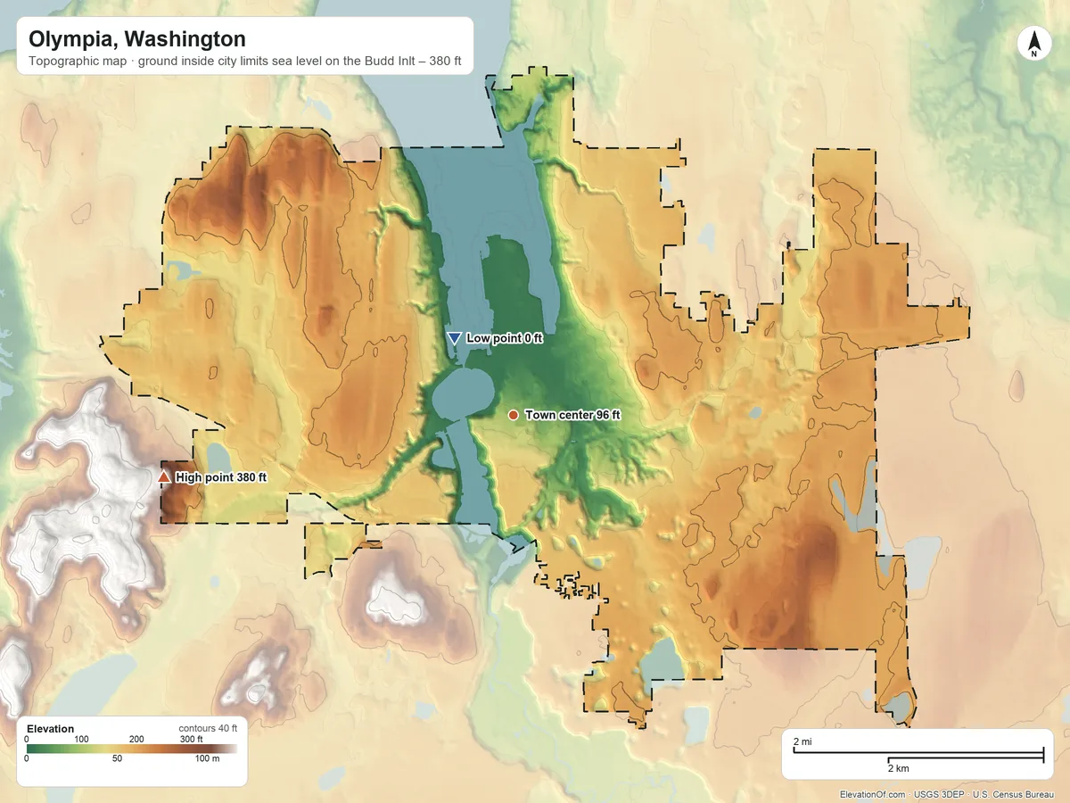 Topographic elevation map of Olympia, Washington, shaded from sea level level on Budd Inlet to 380 ft at the foot of the Black Hills