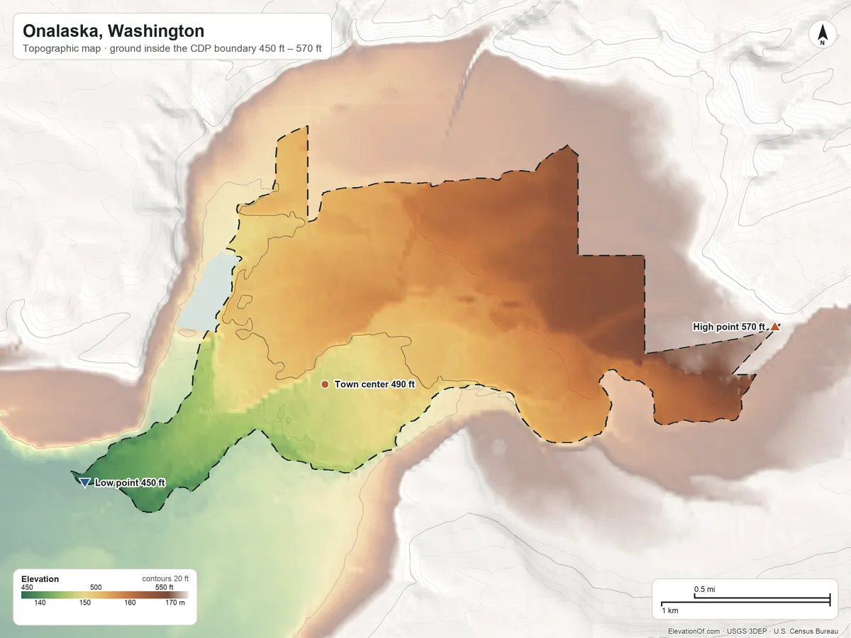 Topographic elevation map of Onalaska, Washington, shaded from 450 ft on the west side to 570 ft on the east side