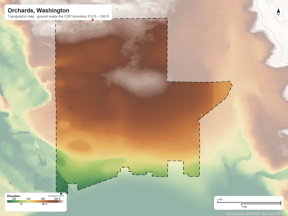 Topographic elevation map of Orchards, Washington, shaded from 210 ft on the southwest side to 290 ft on the north side