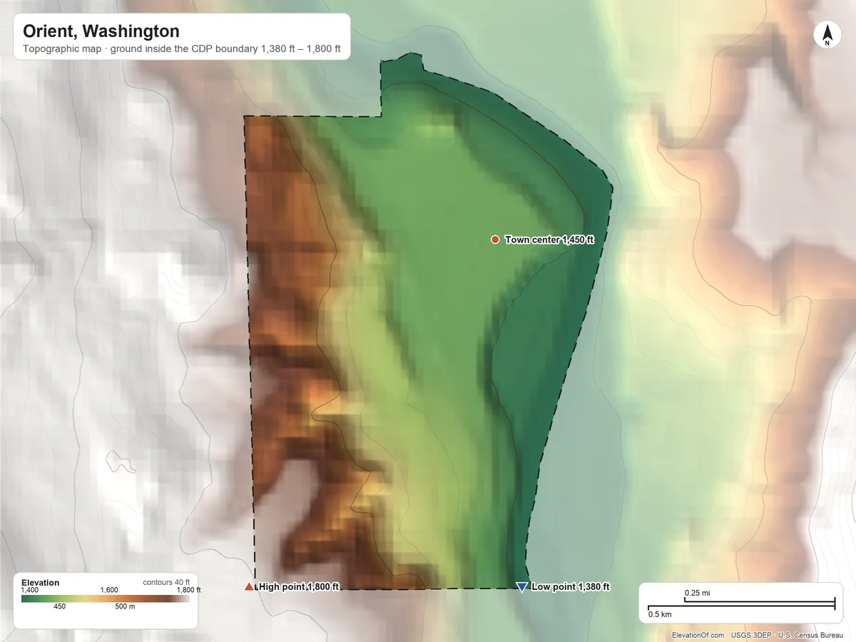 Topographic elevation map of Orient, Washington, shaded from 1,380 ft on the south side to 1,800 ft at the foot of the Kettle River Range
