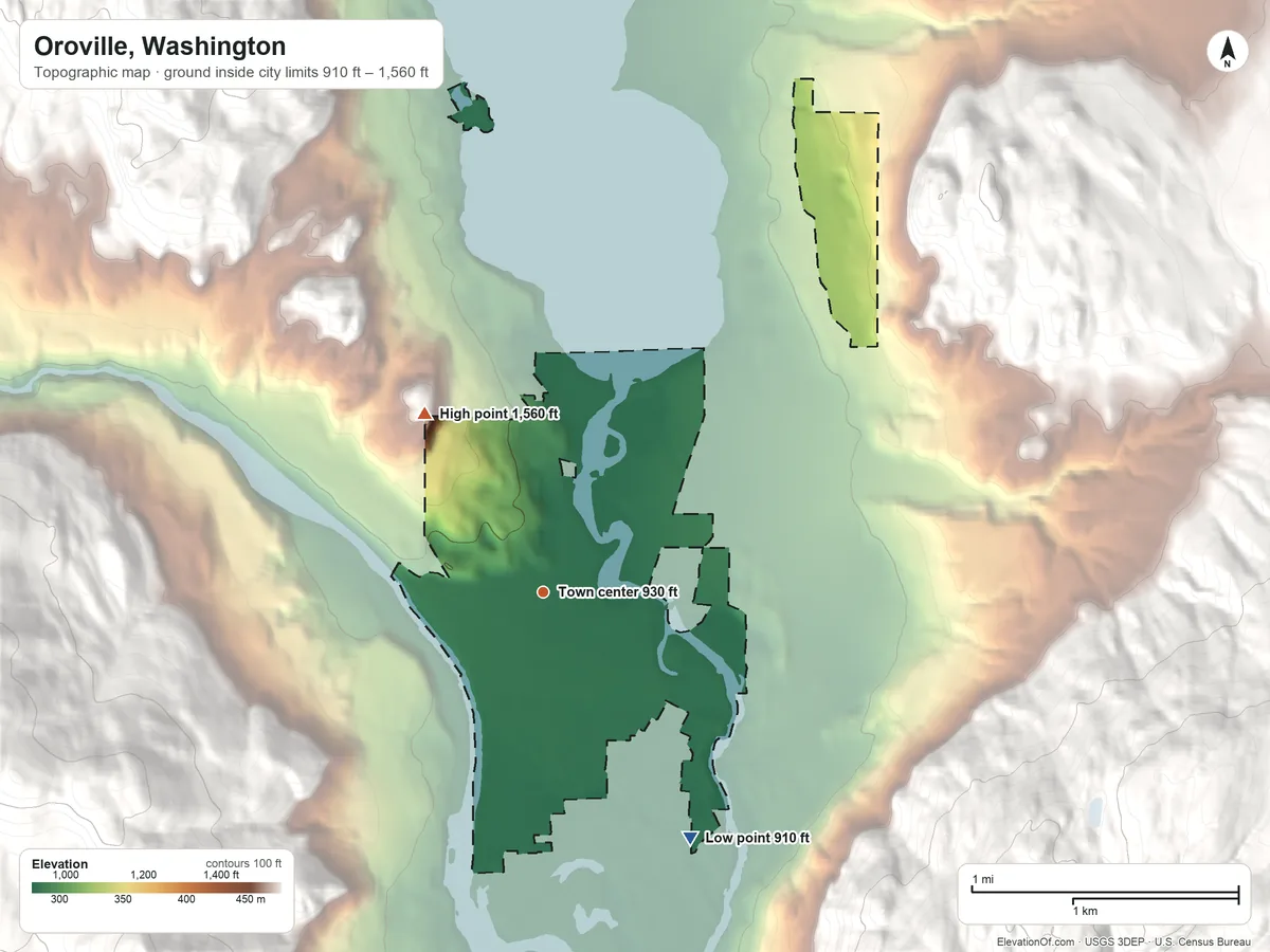 Topographic elevation map of Oroville, Washington, shaded from 910 ft on the southeast side to 1,560 ft on the northwest edge, below higher ground just outside