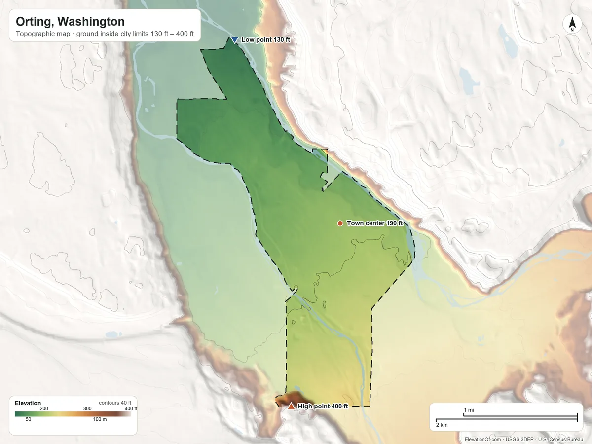 Topographic elevation map of Orting, Washington, shaded from 130 ft on the northwest side to 400 ft on the south edge, below higher ground just outside