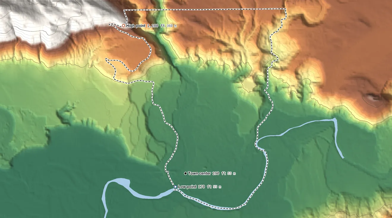 Topographic elevation map of Oso, Washington, shaded from 170 ft near the middle to 1,180 ft at the foot of the Cultus Mountains