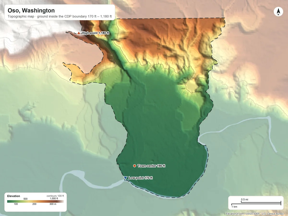 Topographic elevation map of Oso, Washington, shaded from 170 ft near the middle to 1,180 ft at the foot of the Cultus Mountains