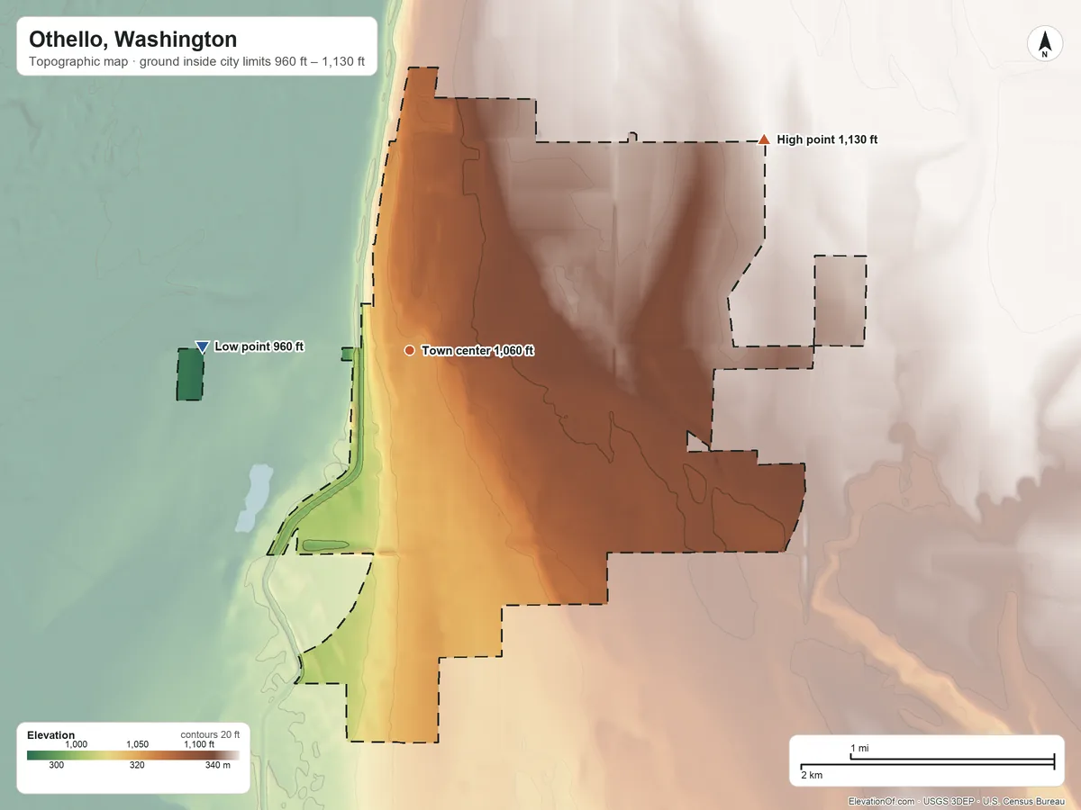 Topographic elevation map of Othello, Washington, shaded from 960 ft on the west side to 1,130 ft on the northeast side