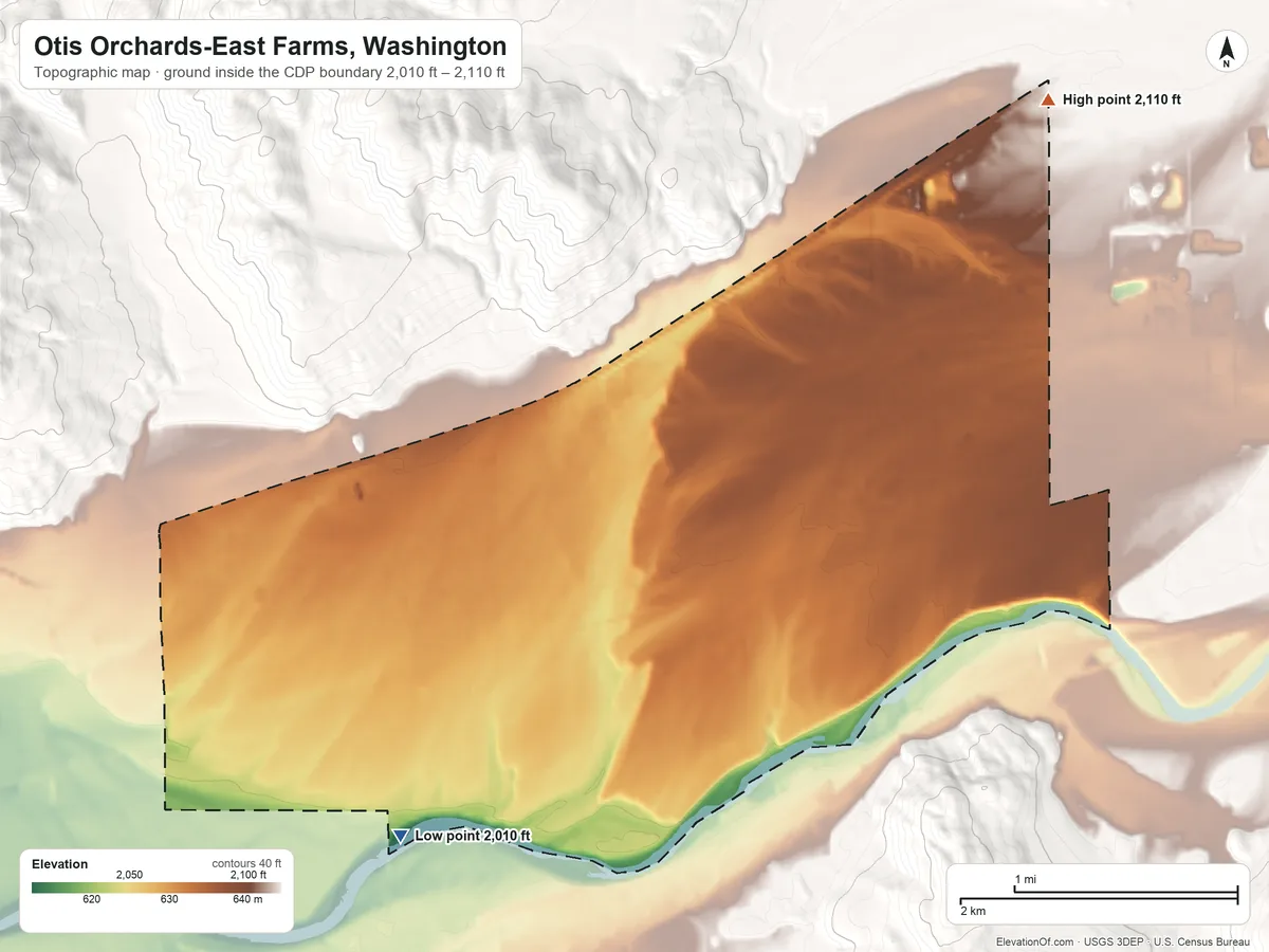 Topographic elevation map of Otis Orchards-East Farms, Washington, shaded from 2,010 ft on the southwest side to 2,110 ft on the northeast edge, below higher ground just outside