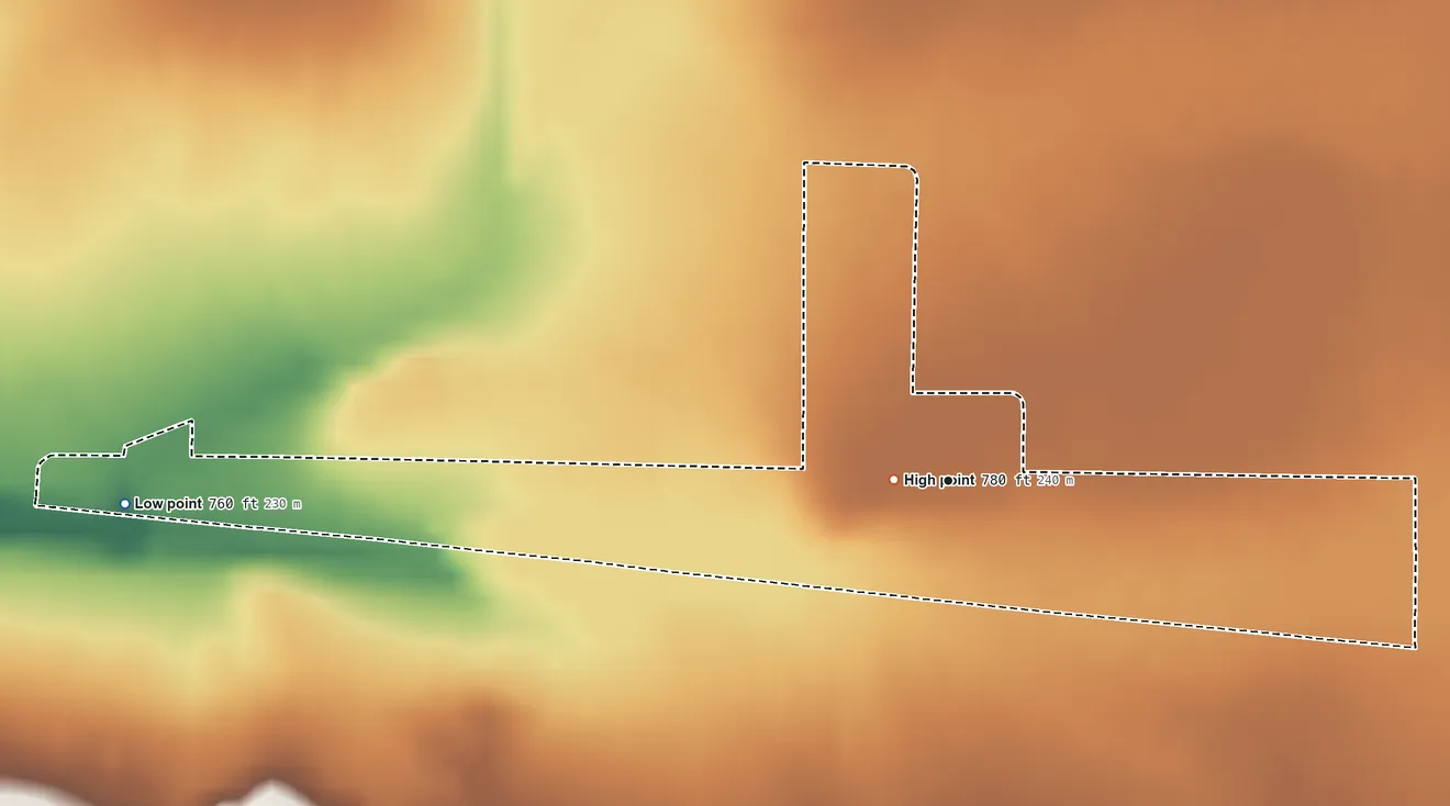 Topographic elevation map of Outlook, Washington, shaded from 760 ft on the west side to 780 ft on the west edge, below higher ground just outside