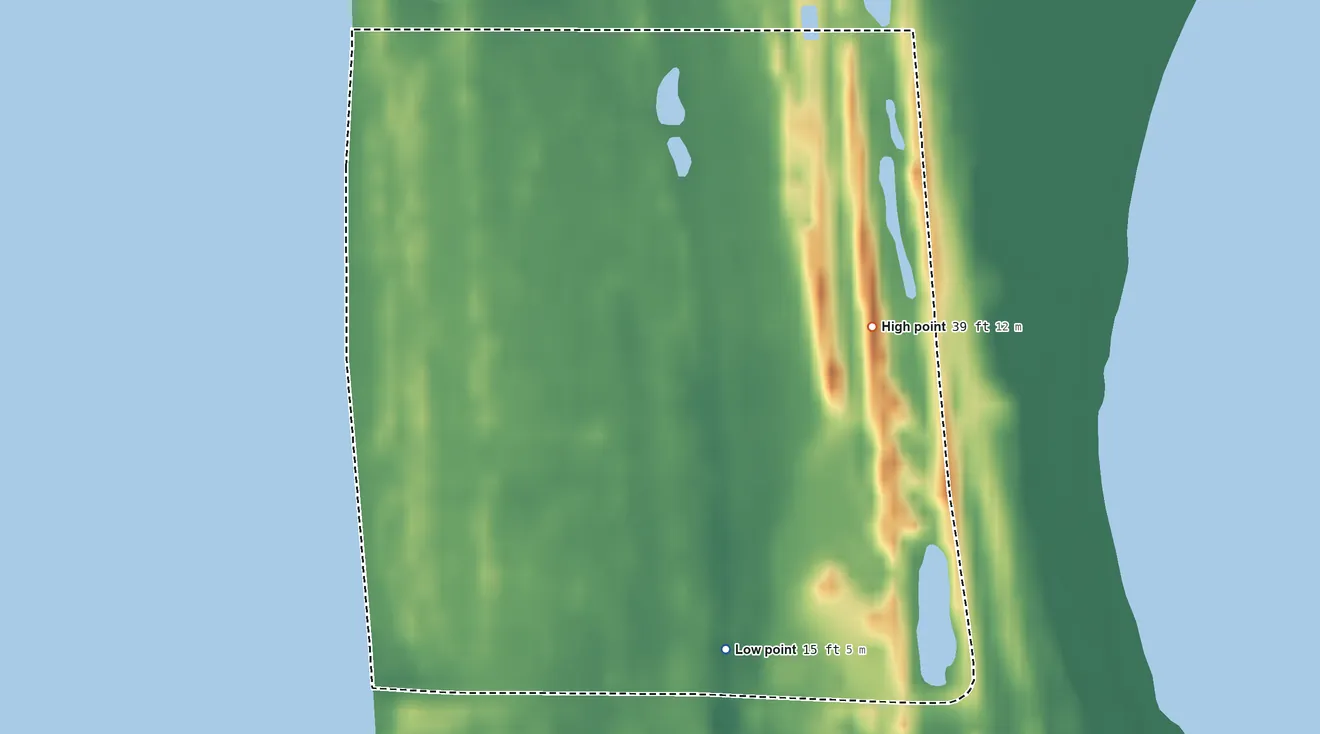 Topographic elevation map of Oyehut, Washington, shaded from 15 ft on the southeast side to 39 ft on the east side