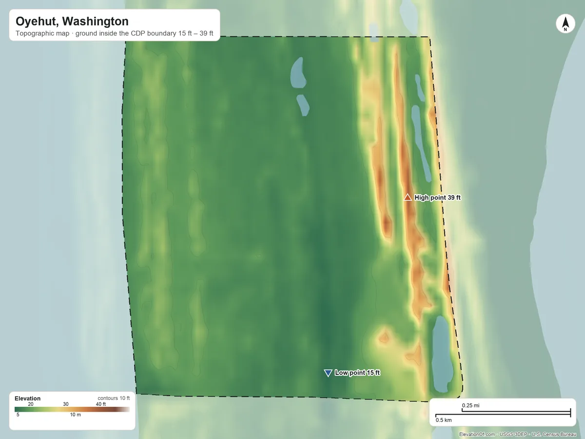 Topographic elevation map of Oyehut, Washington, shaded from 15 ft on the southeast side to 39 ft on the east side