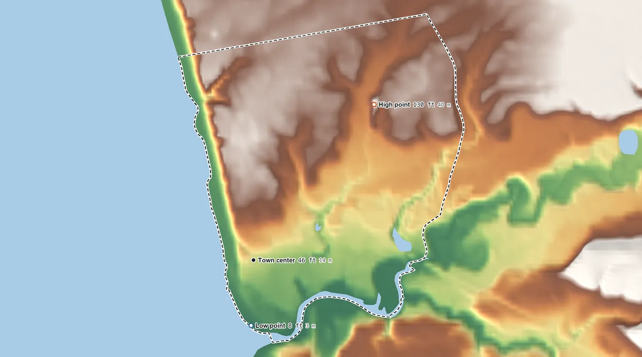 Topographic elevation map of Pacific Beach, Washington, shaded from 8 ft on the south side to 130 ft on the northeast side