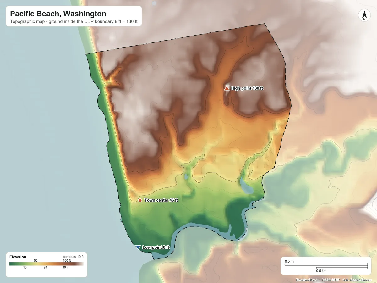 Topographic elevation map of Pacific Beach, Washington, shaded from 8 ft on the south side to 130 ft on the northeast side