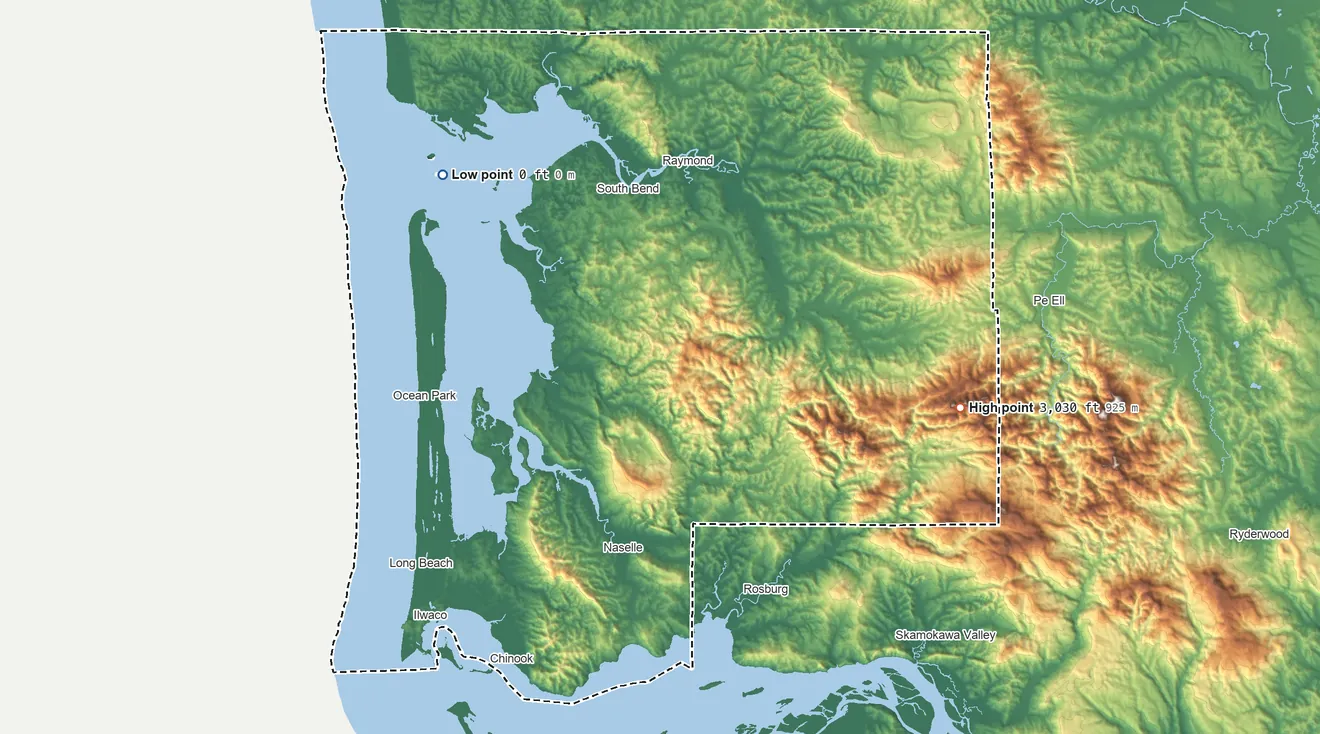 Topographic elevation map of Pacific County, Washington, shaded from sea level on Willapa Bay to 3,030 ft on the east side