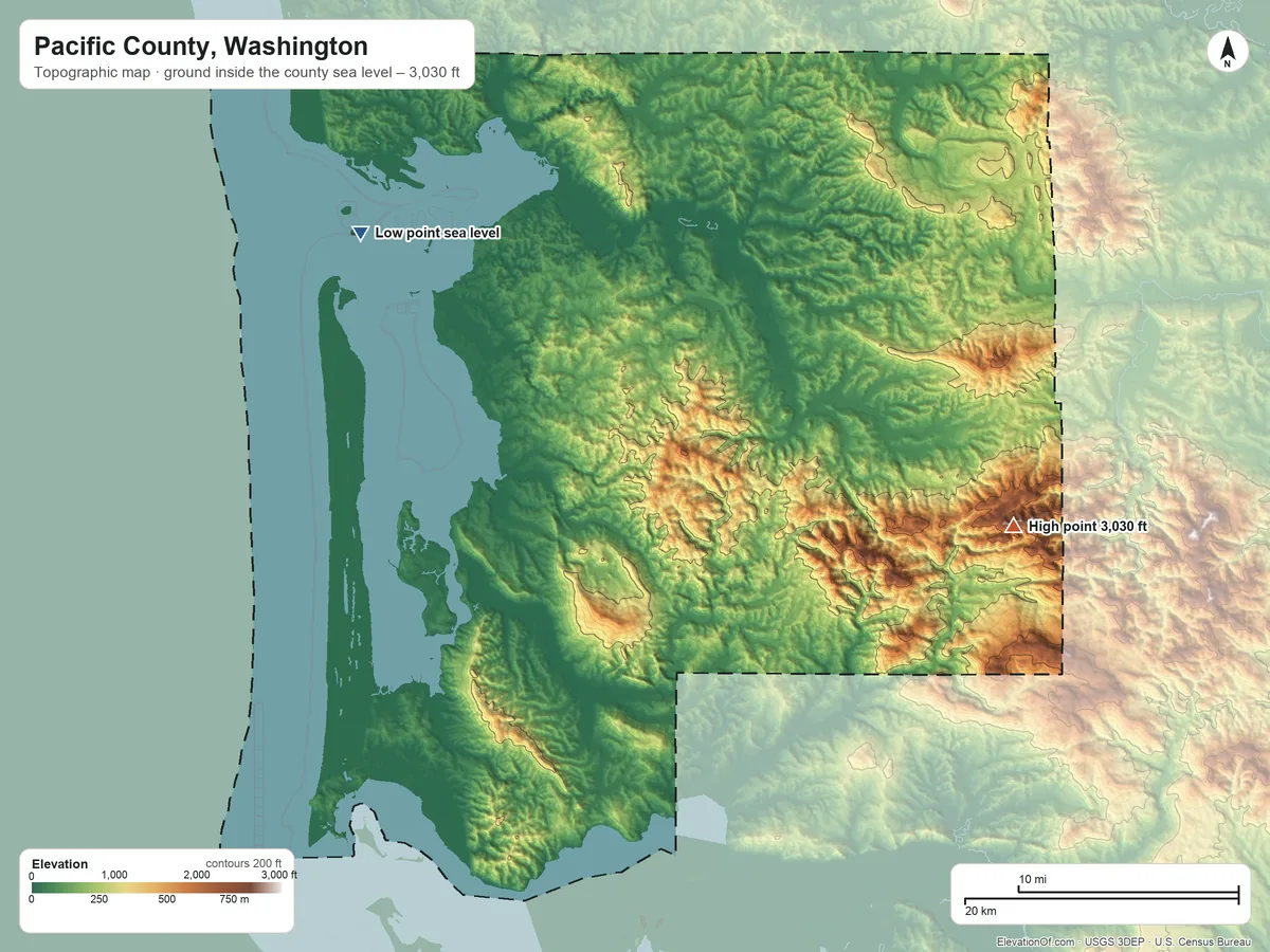 Topographic elevation map of Pacific County, Washington, shaded from sea level on Willapa Bay to 3,030 ft on the east side