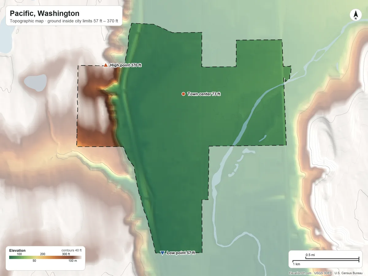 Topographic elevation map of Pacific, Washington, shaded from 57 ft on the south side to 370 ft on the west side