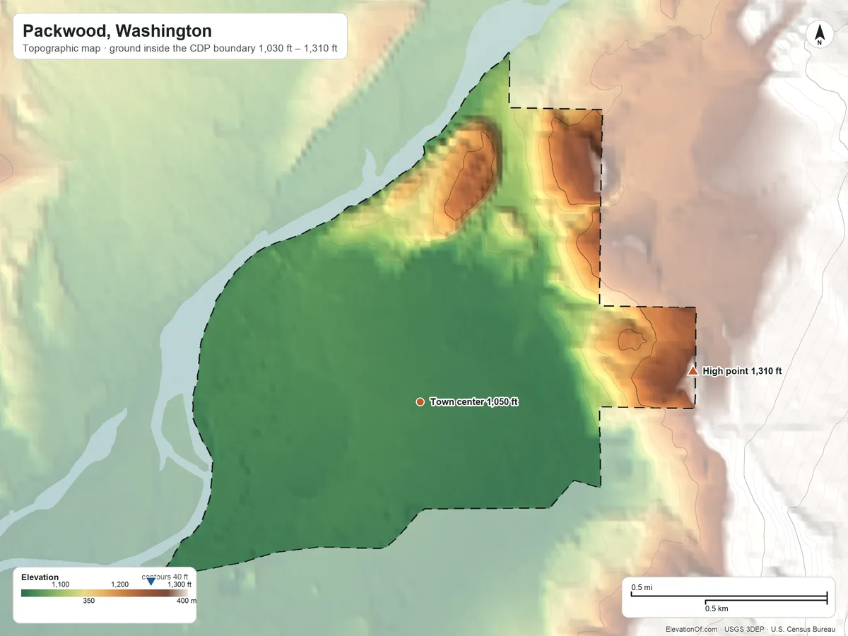 Topographic elevation map of Packwood, Washington, shaded from 1,030 ft on the southwest side to 1,310 ft at the foot of the Tatoosh Range