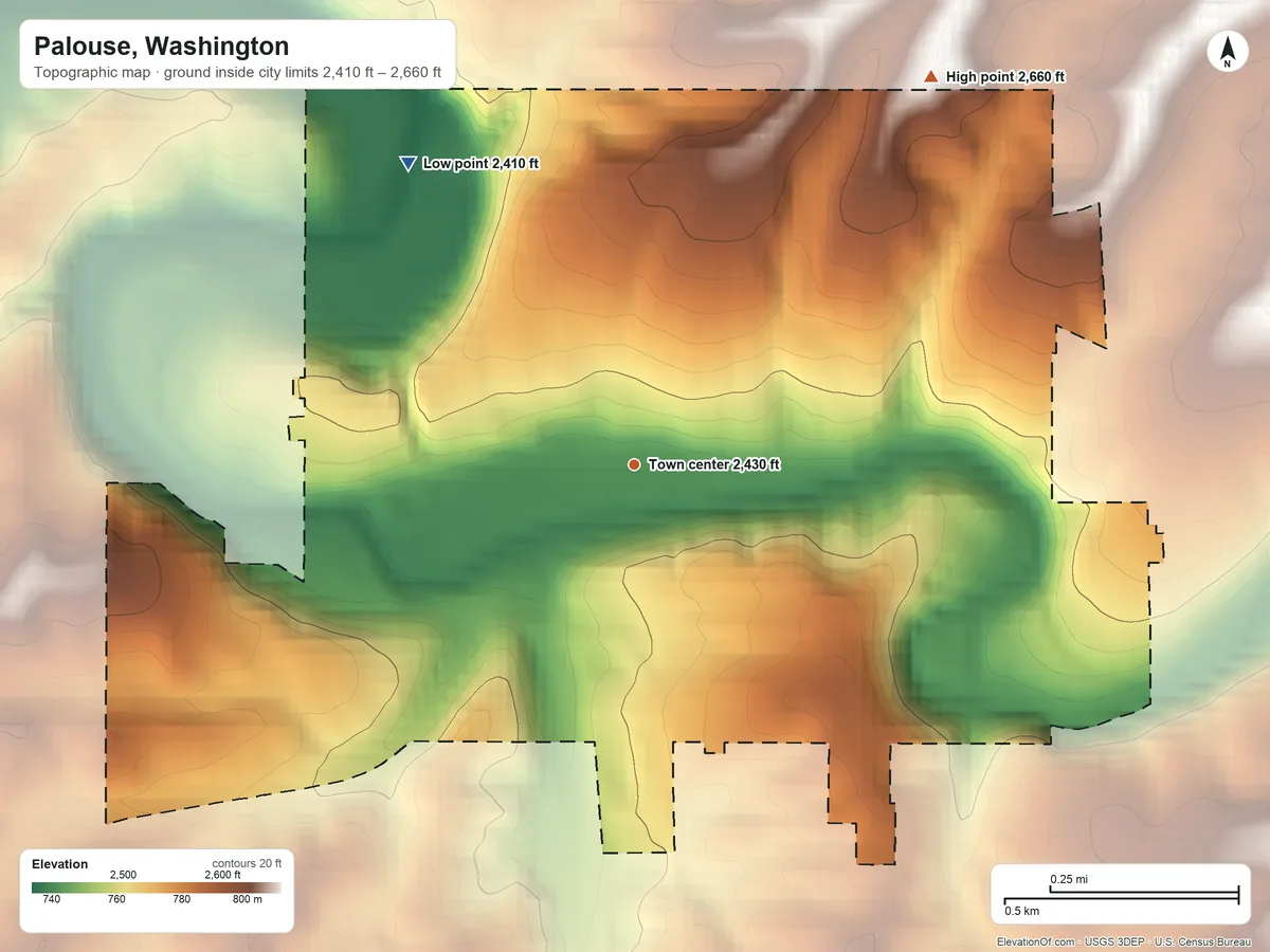 Topographic elevation map of Palouse, Washington, shaded from 2,410 ft on the northwest side to 2,660 ft on the northeast side