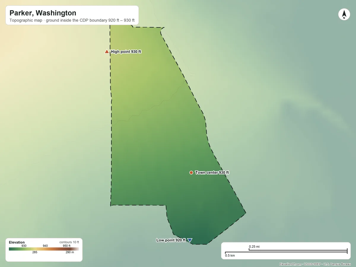 Topographic elevation map of Parker, Washington, shaded from 920 ft on the south side to 930 ft at the foot of the Rattlesnake Hills