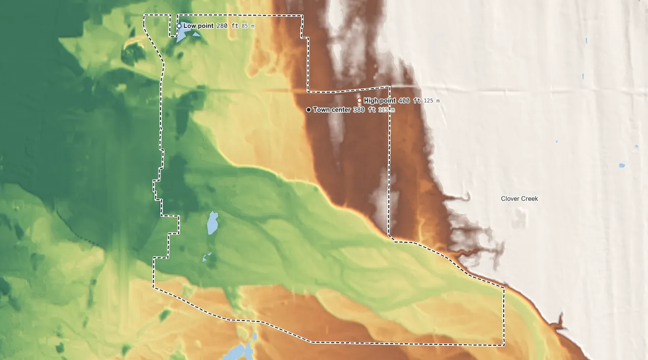 Topographic elevation map of Parkland, Washington, shaded from 280 ft on the northwest side to 400 ft on the east side