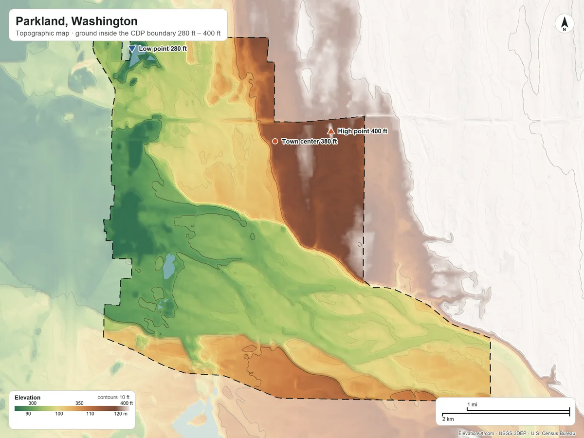 Topographic elevation map of Parkland, Washington, shaded from 280 ft on the northwest side to 400 ft on the east side