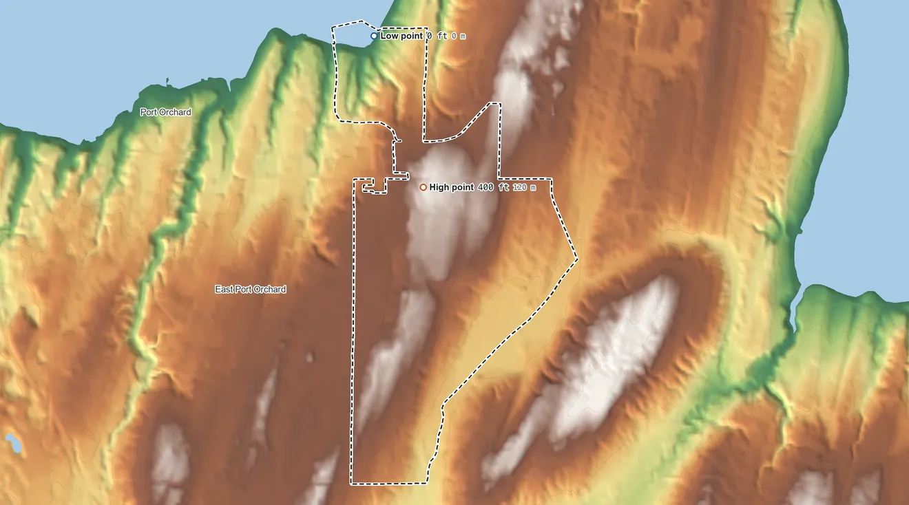 Topographic elevation map of Parkwood, Washington, shaded from sea level level on the Port Orchard to 400 ft on the north side