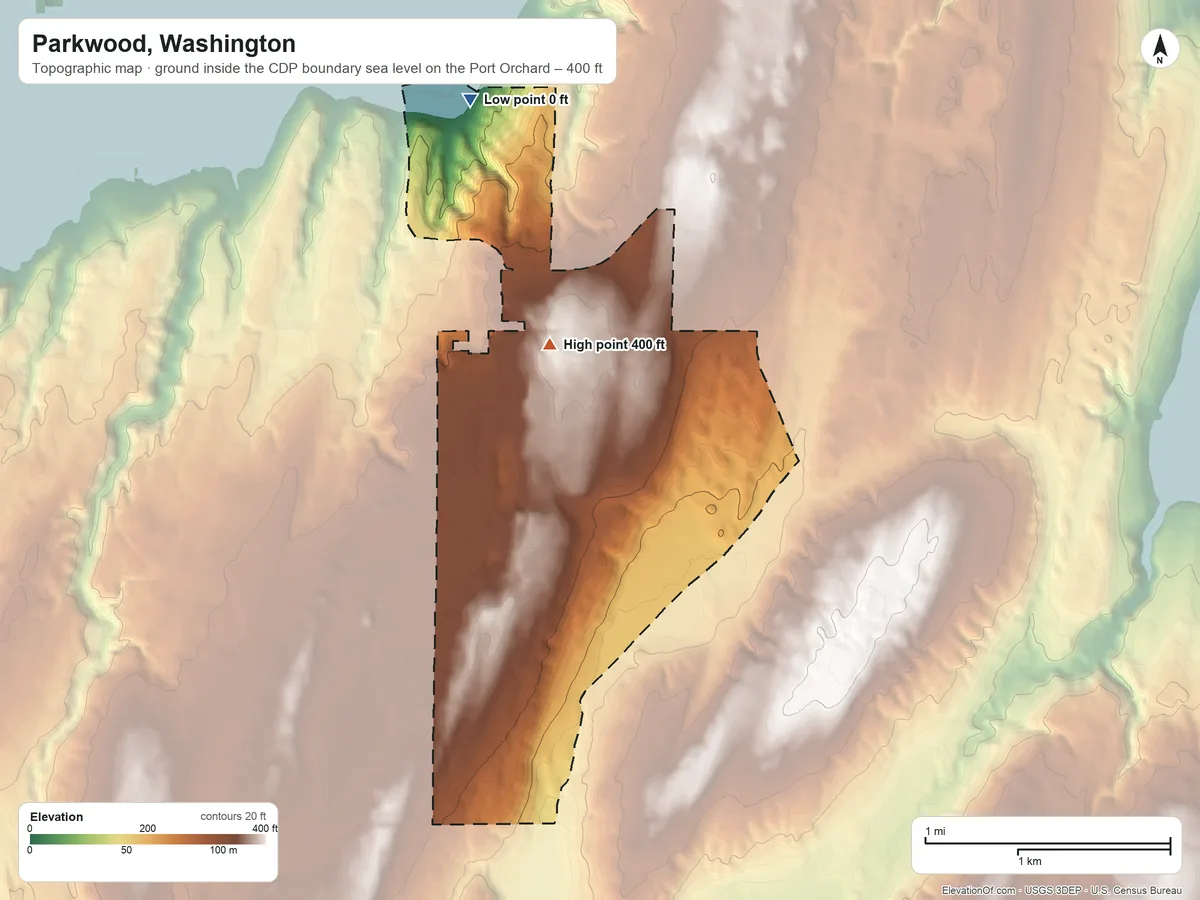 Topographic elevation map of Parkwood, Washington, shaded from sea level level on the Port Orchard to 400 ft on the north side