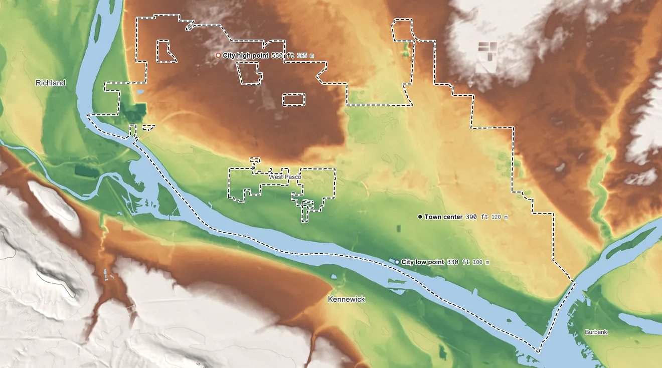Topographic elevation map of Pasco, Washington, shaded from 330 ft near the middle to 550 ft on the northwest side