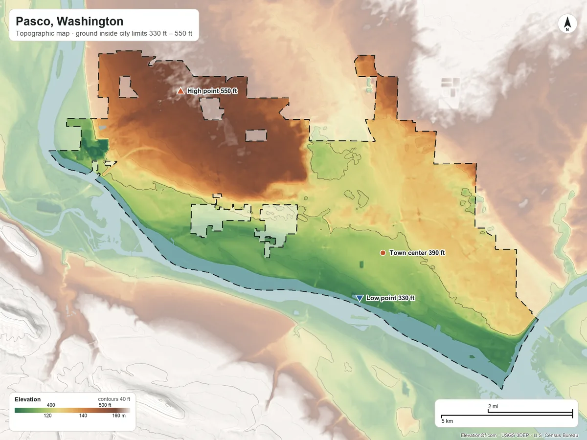 Topographic elevation map of Pasco, Washington, shaded from 330 ft near the middle to 550 ft on the northwest side