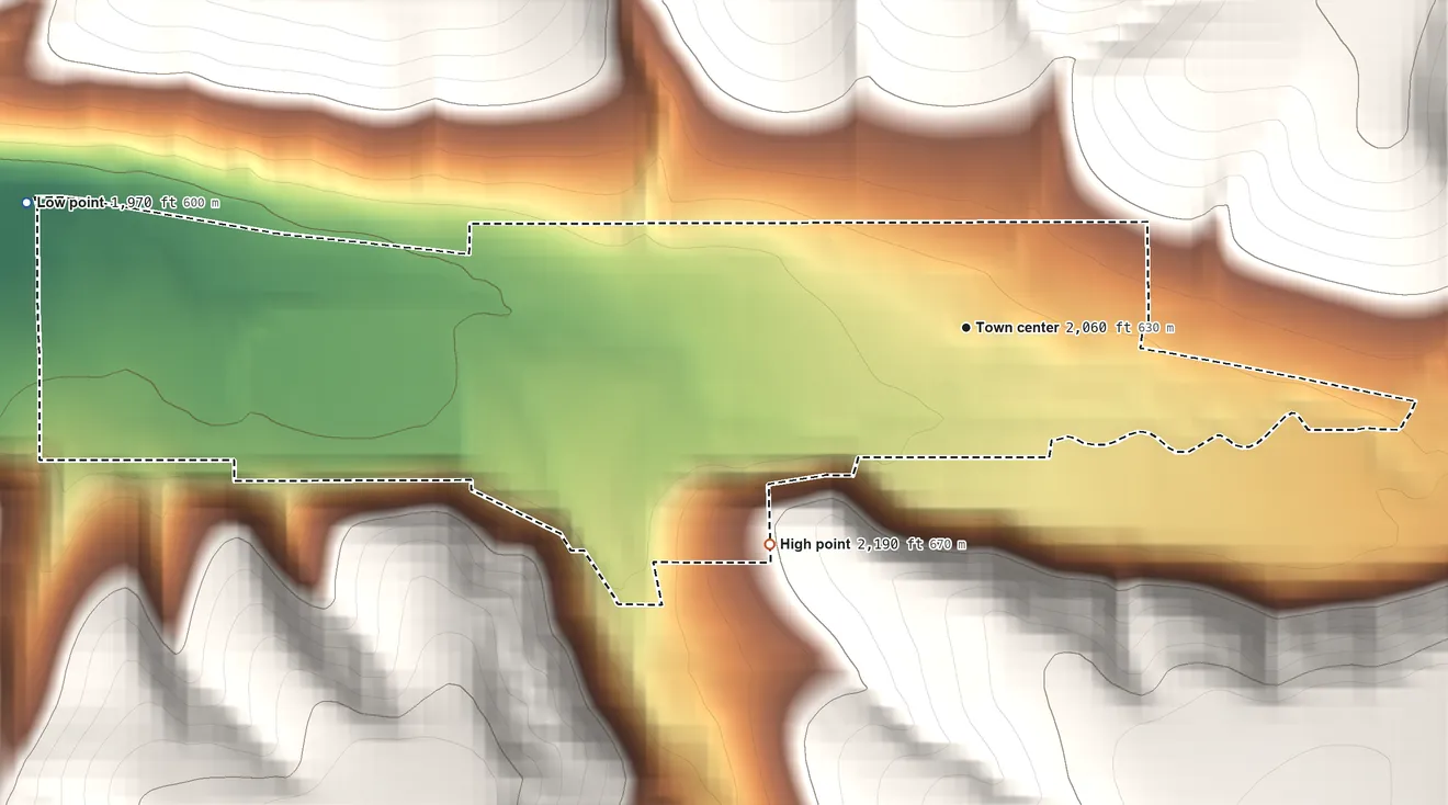 Topographic elevation map of Pataha, Washington, shaded from 1,970 ft on the west side to 2,190 ft on the southwest edge, below higher ground just outside