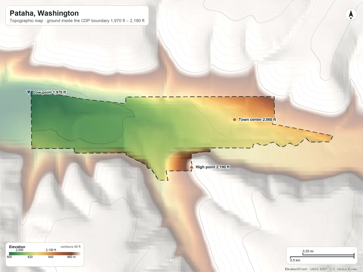 Topographic elevation map of Pataha, Washington, shaded from 1,970 ft on the west side to 2,190 ft on the southwest edge, below higher ground just outside