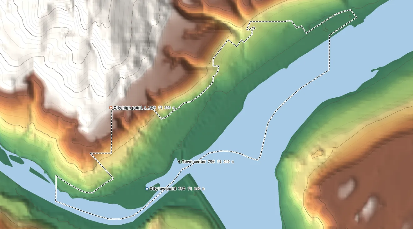 Topographic elevation map of Pateros, Washington, shaded from 780 ft on the southwest side to 1,300 ft on the northwest edge, below higher ground just outside