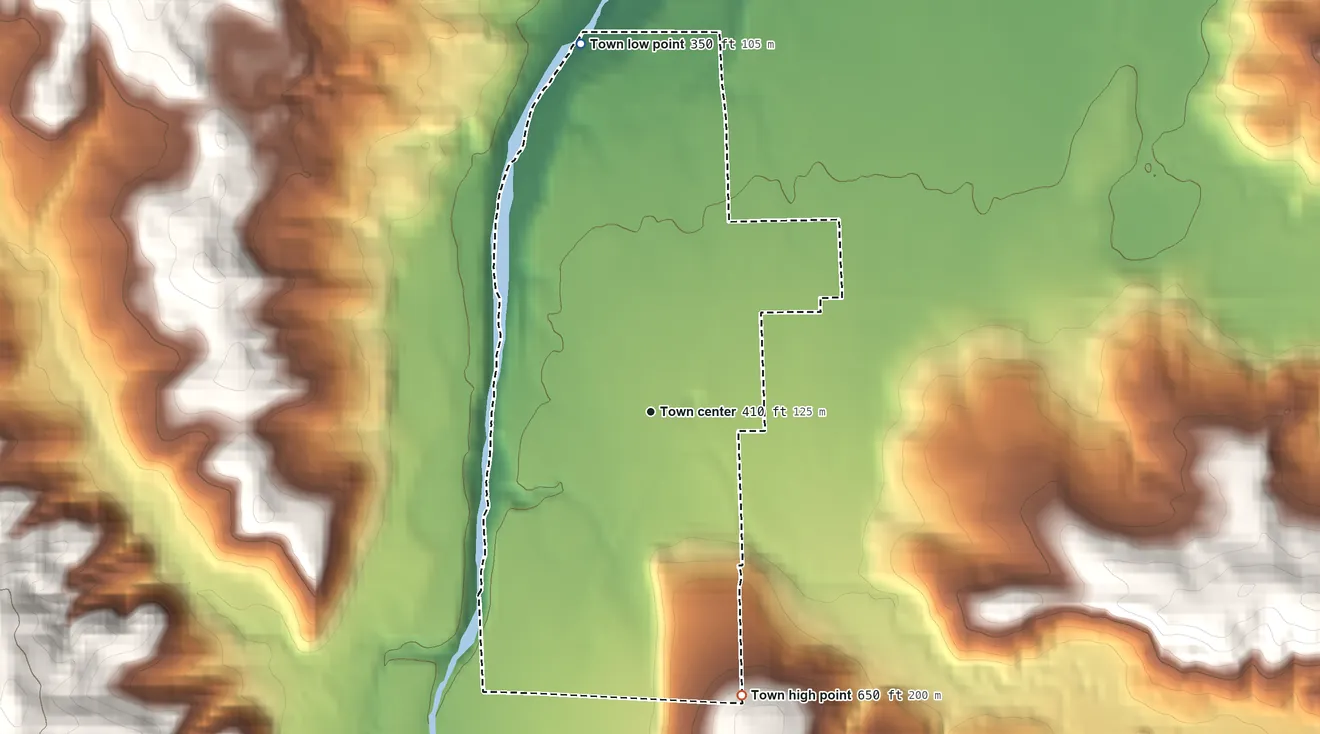 Topographic elevation map of Pe Ell, Washington, shaded from 350 ft on the north side to 650 ft at the foot of the Doty Hills