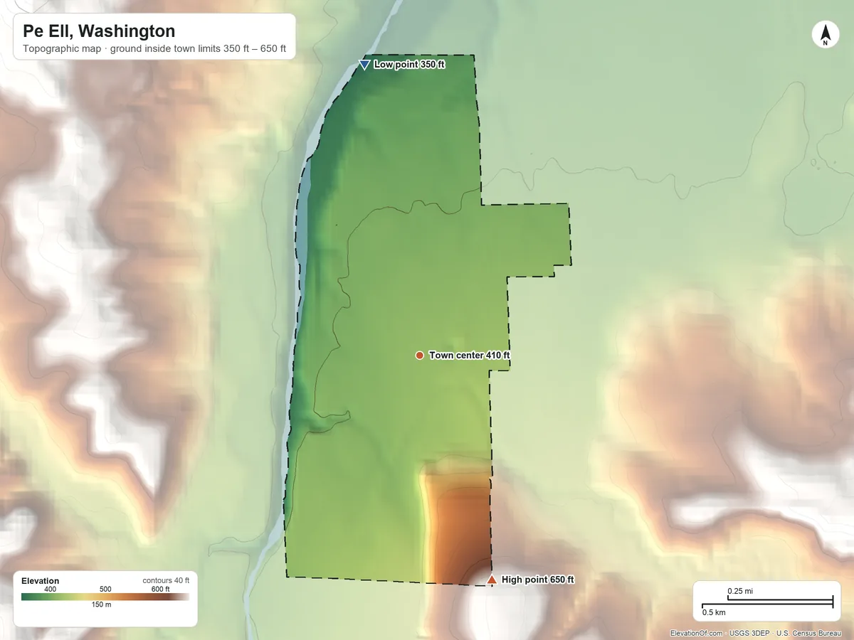 Topographic elevation map of Pe Ell, Washington, shaded from 350 ft on the north side to 650 ft at the foot of the Doty Hills