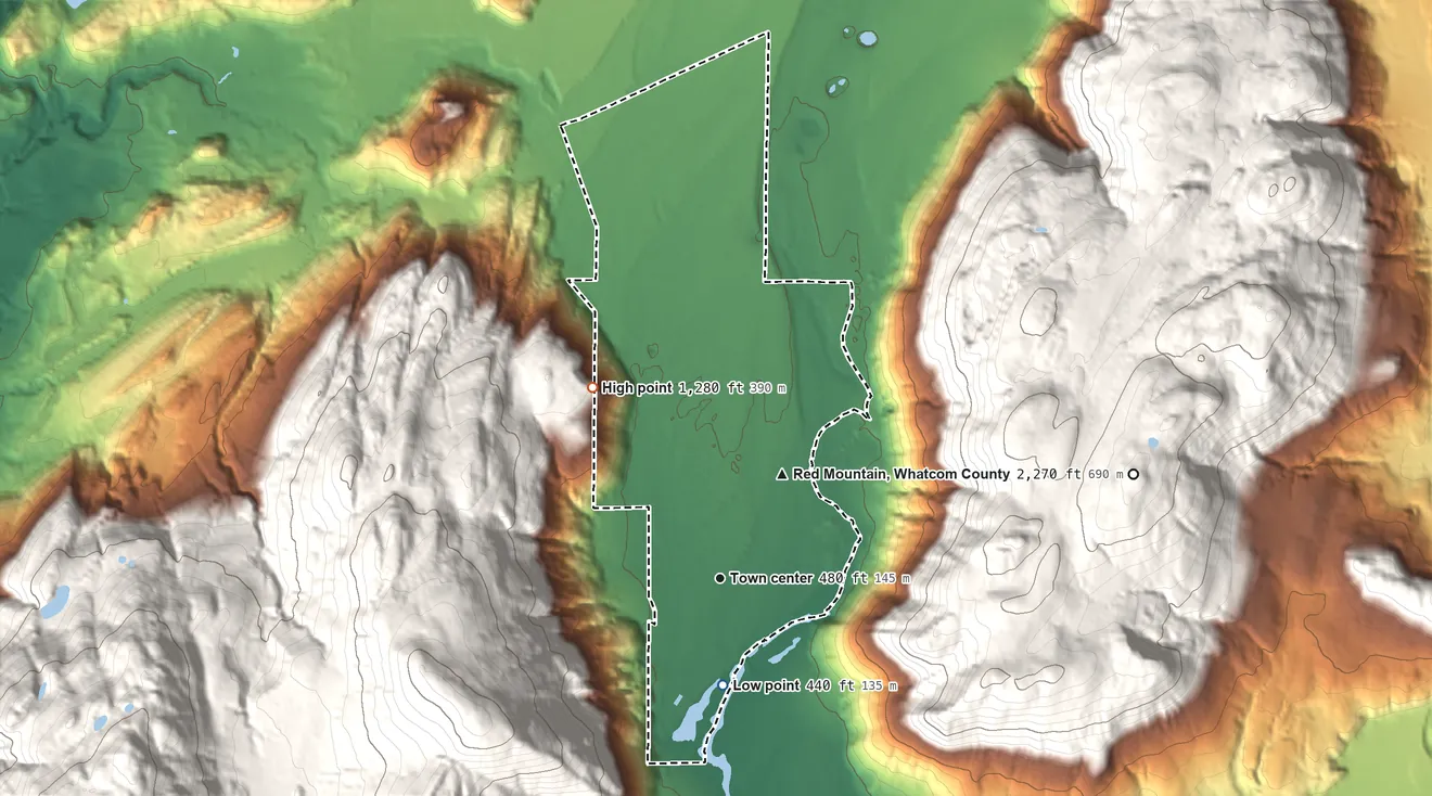 Topographic elevation map of Peaceful Valley, Washington, shaded from 440 ft on the south side to 1,280 ft on the northwest edge, below higher ground just outside