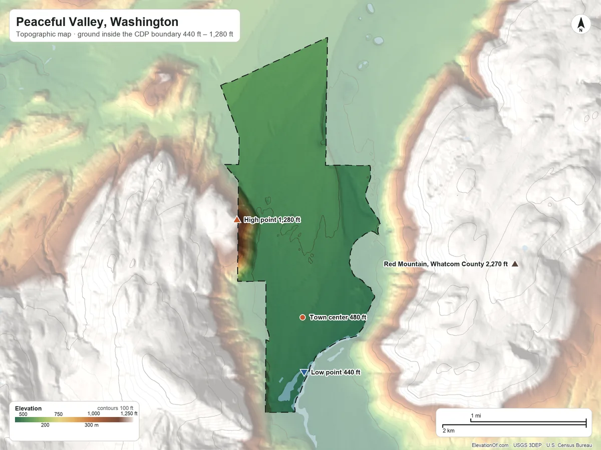 Topographic elevation map of Peaceful Valley, Washington, shaded from 440 ft on the south side to 1,280 ft on the northwest edge, below higher ground just outside