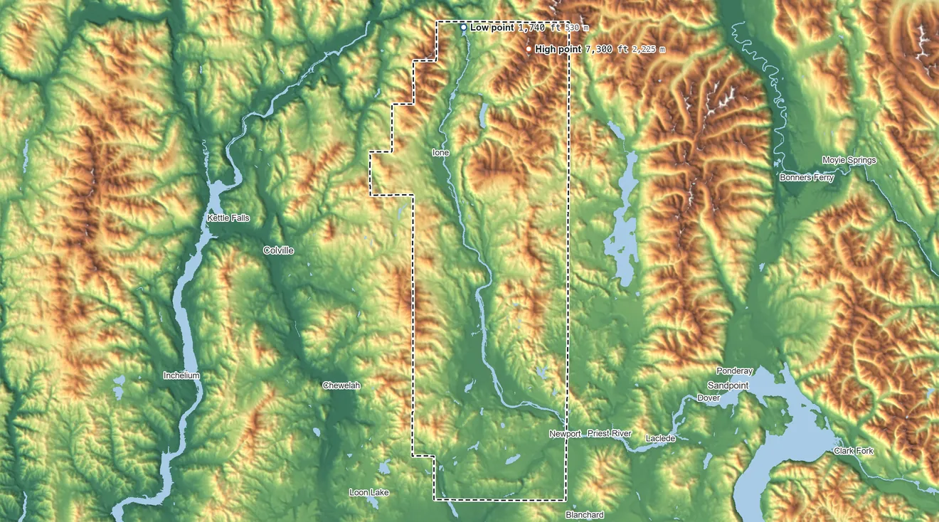Topographic elevation map of Pend Oreille County, Washington, shaded from 1,740 ft on the north side to 7,300 ft on Gypsy Peak