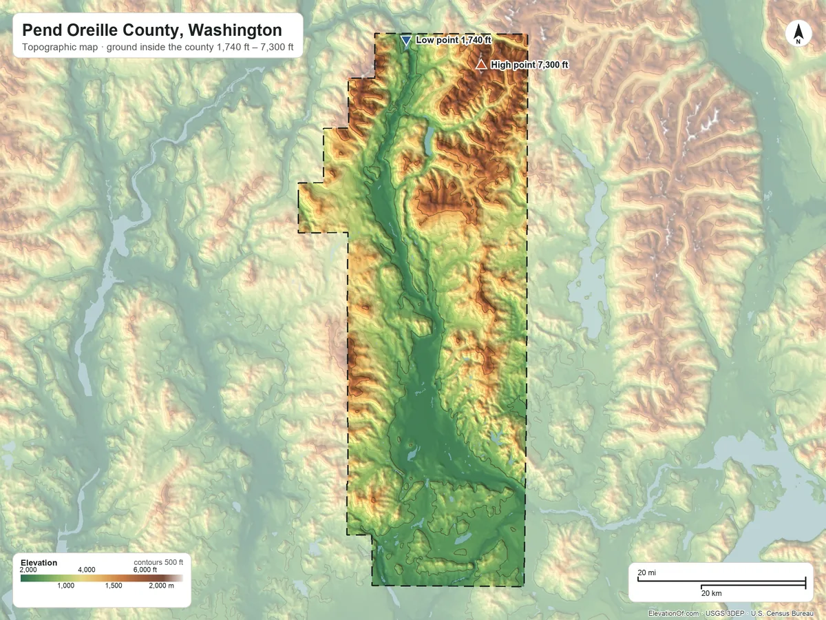 Topographic elevation map of Pend Oreille County, Washington, shaded from 1,740 ft on the north side to 7,300 ft on Gypsy Peak