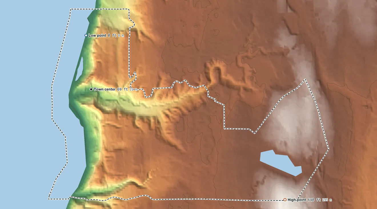 Topographic elevation map of Picnic Point, Washington, shaded from sea level level on the Salish Sea to 640 ft on the southeast side